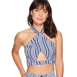Roxy Blue Striped Cutout Cropped Halter Top
